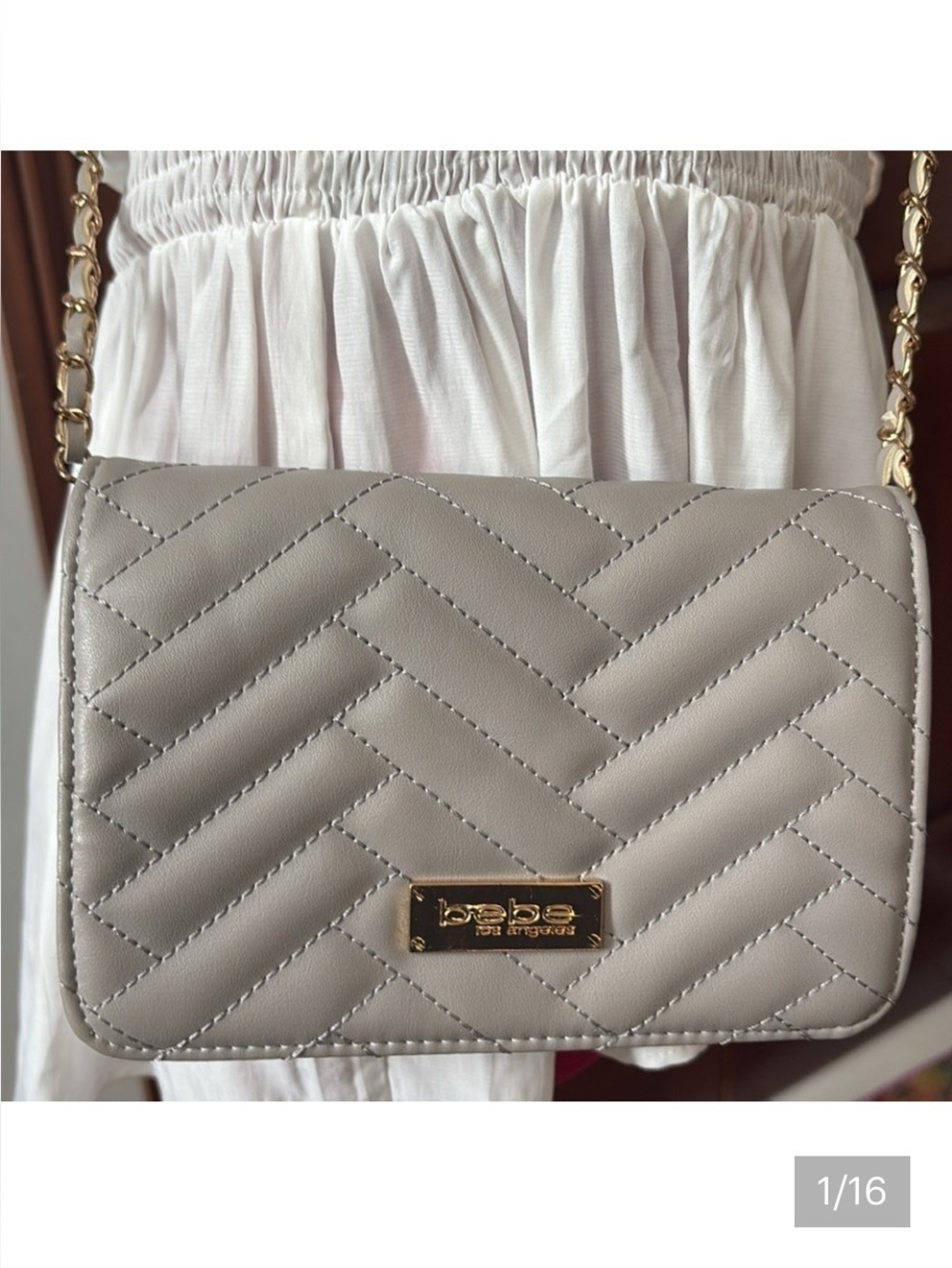 Bebe   Crossbody bag  quilted front and back  vegan leather  gray/ gold tone EUC